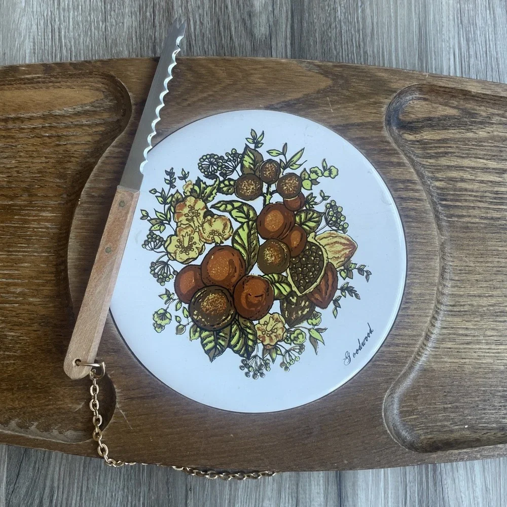 Vintage‎ Goodwood Teak Cheese Board Ceramic Tile Fruit Nut Knife Made in Japan